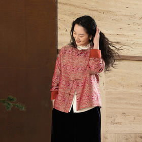 牧衣游原创 48姆米重磅织锦八达晕桑蚕丝外套红色复古东方 墨香