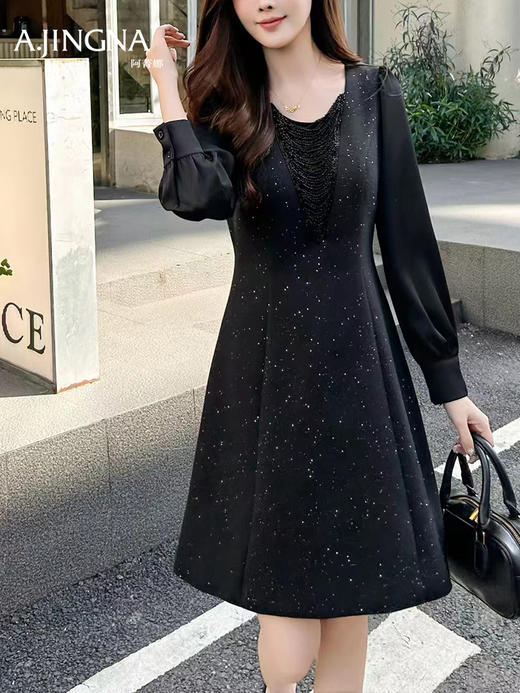 【浪漫轻奢】阿菁娜春季新款设计感钻链连衣裙V领修饰脸型拼接泡泡袖浪漫轻奢F31C212005 商品图5