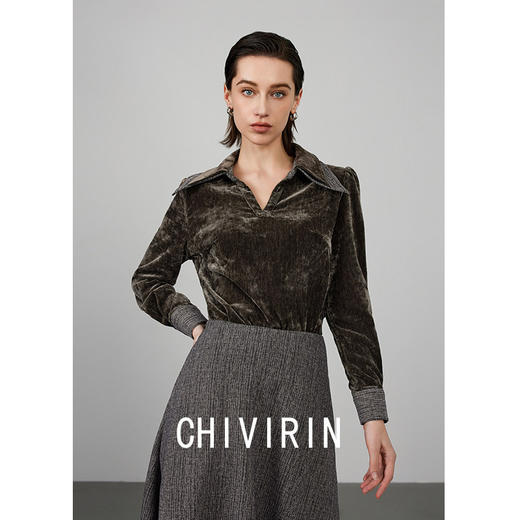 雀说复古金丝绒翻领长袖衬衣女早春新款气质通勤高级感显瘦衬衫ALW2577 商品图1