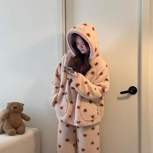 雀说 爱心连帽睡衣珊瑚绒加绒加厚秋冬款家居服25701 商品图0