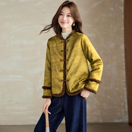 百媚生 提花夹棉拼接貂毛保暖加厚棉服国风时尚百搭小棉袄66095 商品图4