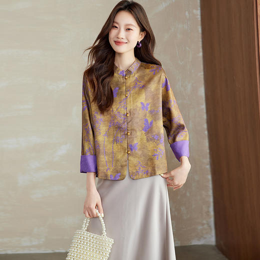百媚生 新中式上衣唐装女装小衫宋锦盘扣薄款外套6076 商品图3