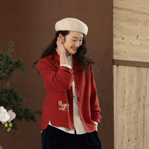 牧衣游原创手工刺绣貔貅纯棉外套红色 福利款 云水谣不支持会员折 商品图0