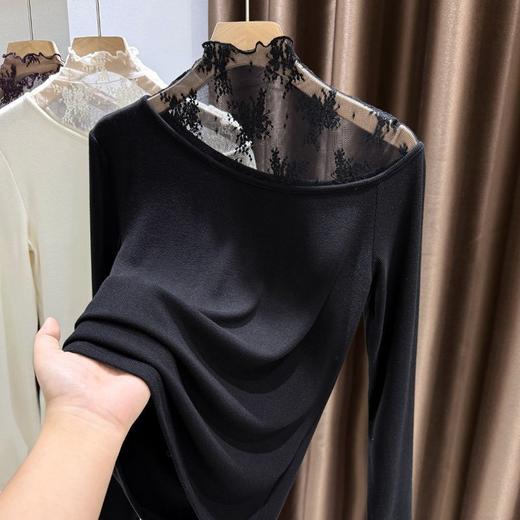 百媚生 蕾丝拼接百搭半高领打底衫女修身内搭 商品图2