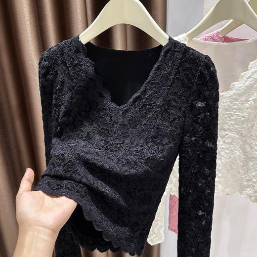 百媚生 V领蕾丝保暖内搭长袖T恤加绒加厚打底衫 商品图1