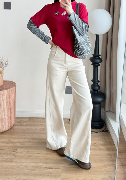 雅y同款米白色高腰直筒牛仔裤012a 商品图1