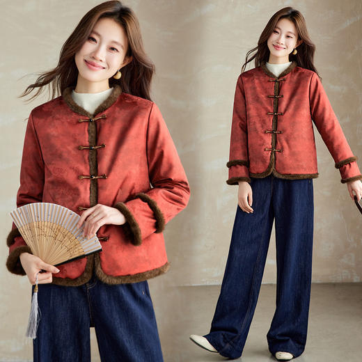 百媚生 提花夹棉拼接貂毛保暖加厚棉服国风时尚百搭小棉袄66095 商品图2