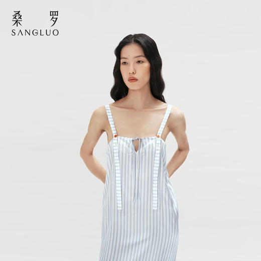 查理小狗』桑罗条纹印花睡裙桑蚕丝女直筒裙可外穿家居服 商品图2
