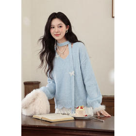 鹿向南「眷恋海风」慵懒风设计感蓝色毛衣女秋韩系飘带针织衫上衣