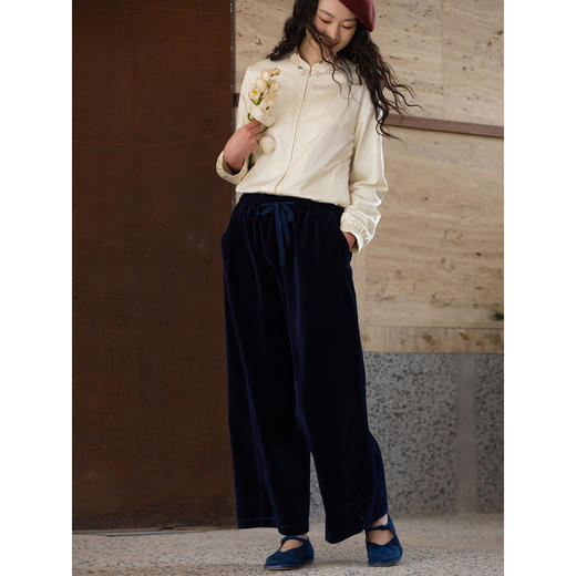 牧衣游原创 32支纯棉休闲长裤新款宽松复古文艺百搭阔腿裤 沃蓝 商品图2