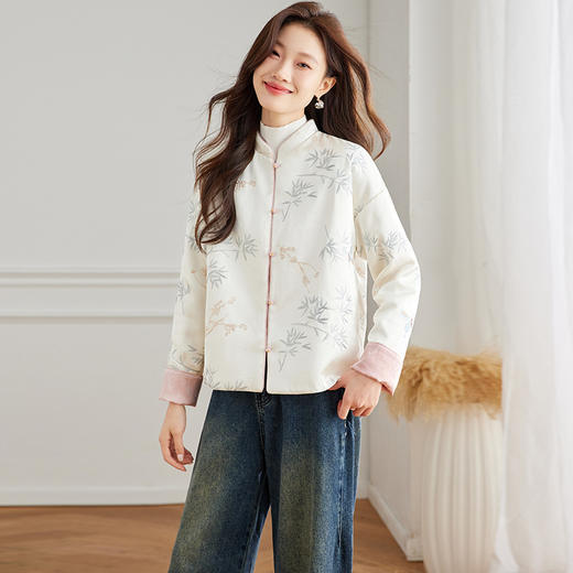 百媚生 新中式外套双面穿女蓝白竹高级感古典大气上衣6033 商品图0