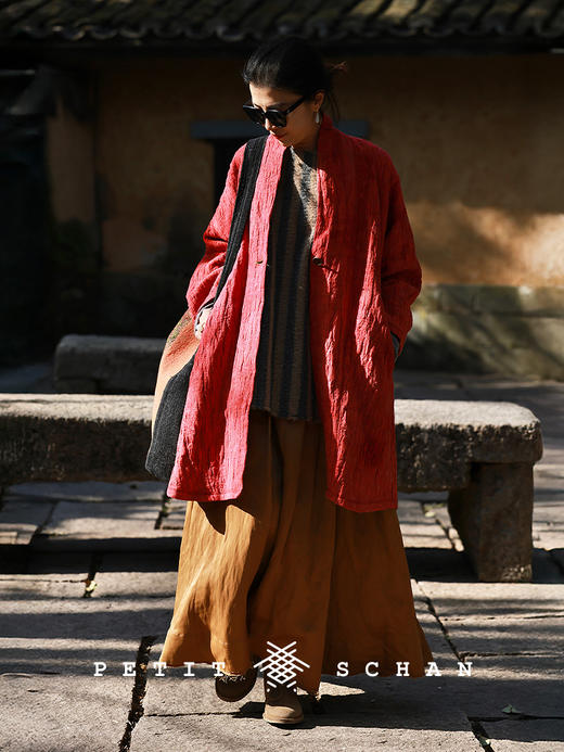 Petit Schan小闪 CLO#1029 Soft bark 软树皮 亚麻混纺手工扎染提花长袍 商品图0