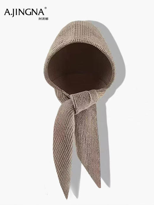 【羊毛针织】阿菁娜冬季新款氛围感羊毛针织连帽围巾一体帽可系可垂灵动飘带一键解锁层次穿搭F30D327001 商品图4