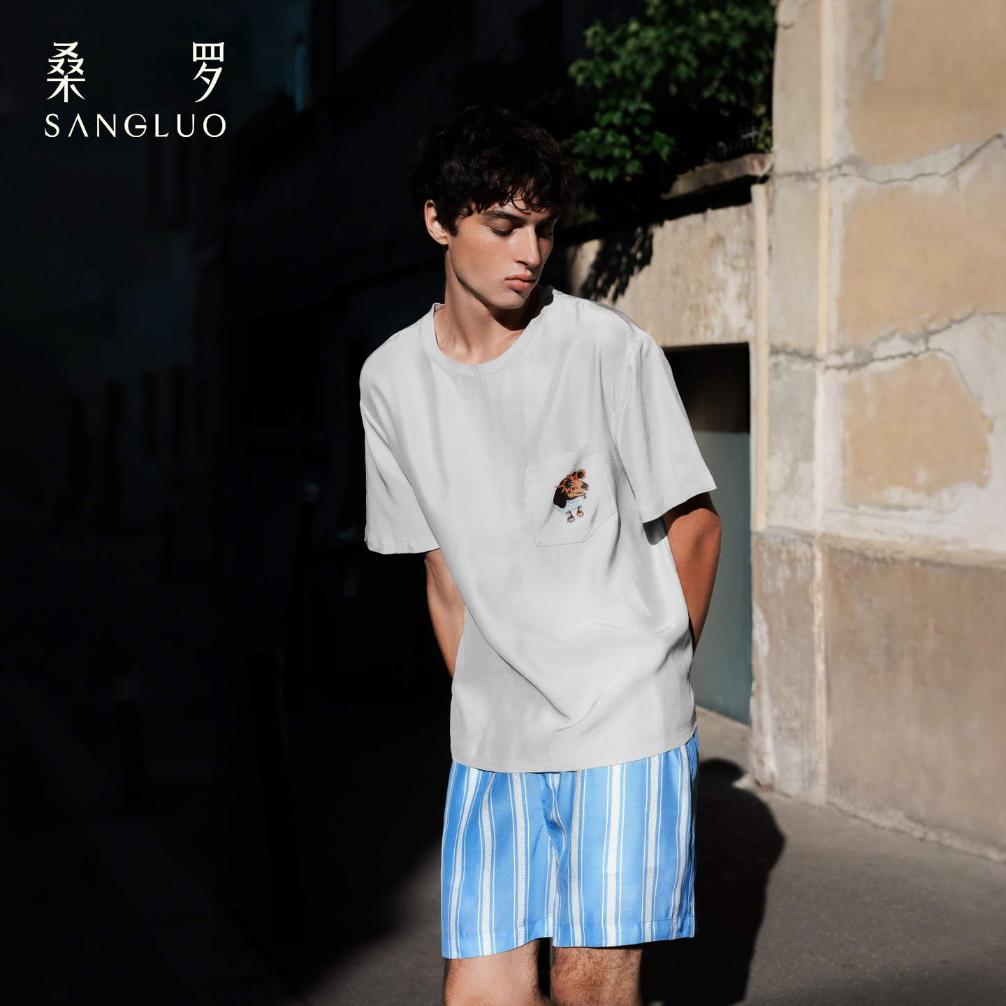 查理小狗』桑罗休闲睡衣套装桑蚕丝男士短袖家居服可外穿