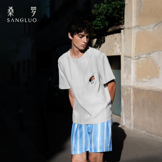 查理小狗』桑罗休闲睡衣套装桑蚕丝男士短袖家居服可外穿 商品图0