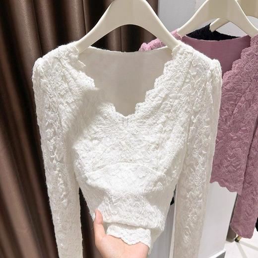 百媚生 V领蕾丝保暖内搭长袖T恤加绒加厚打底衫 商品图2