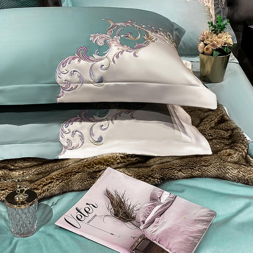 轻奢刺绣四件套【悠梦嘉居轻奢刺绣四件套双拼角交叉刺绣高档工艺100%高支高密全棉轻奢享受高档礼盒装，安娜-绿/粉/蓝】 商品图8