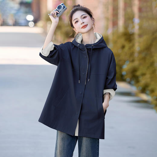百媚生 棉质时尚撞色连帽风衣女中长款BKMZL8086 商品图3
