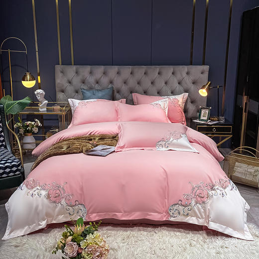 轻奢刺绣四件套【悠梦嘉居轻奢刺绣四件套双拼角交叉刺绣高档工艺100%高支高密全棉轻奢享受高档礼盒装，安娜-绿/粉/蓝】 商品图0