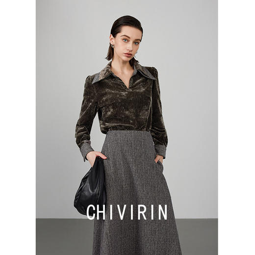 雀说复古金丝绒翻领长袖衬衣女早春新款气质通勤高级感显瘦衬衫ALW2577 商品图2