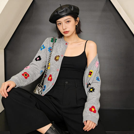 ER*同款26早春新品提花花朵扣子装饰针织开衫011b 商品图2