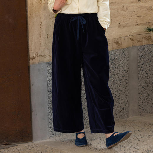 牧衣游原创 32支纯棉休闲长裤新款宽松复古文艺百搭阔腿裤 沃蓝 商品图0