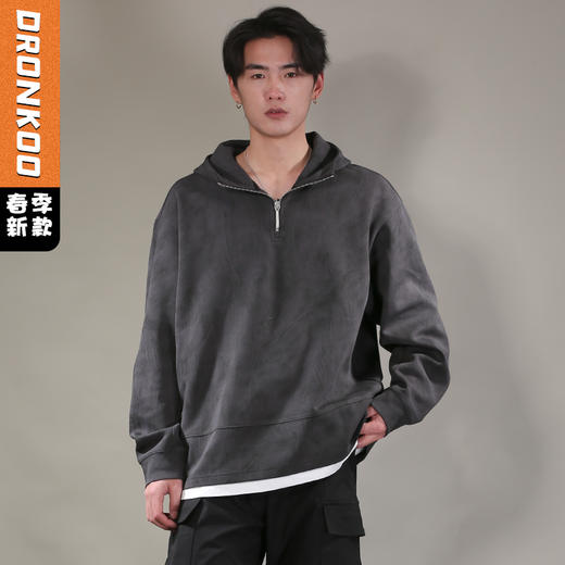 DRONKOO 2026 连帽半拉链下摆拼T恤笔触印花微阔中厚卫衣 商品图0