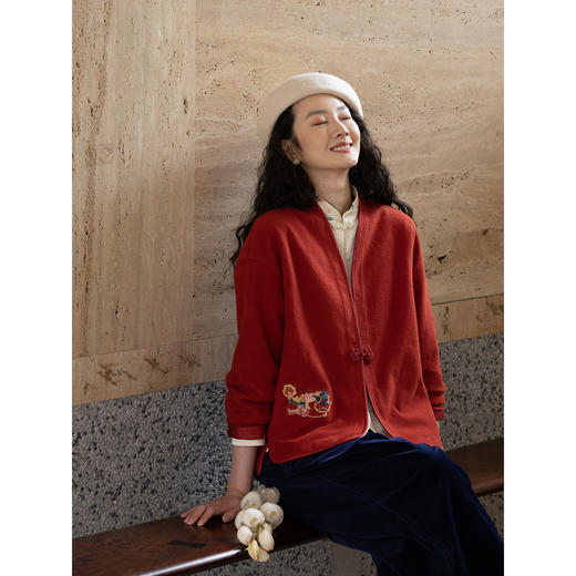 牧衣游原创手工刺绣貔貅纯棉外套红色 福利款 云水谣不支持会员折 商品图2