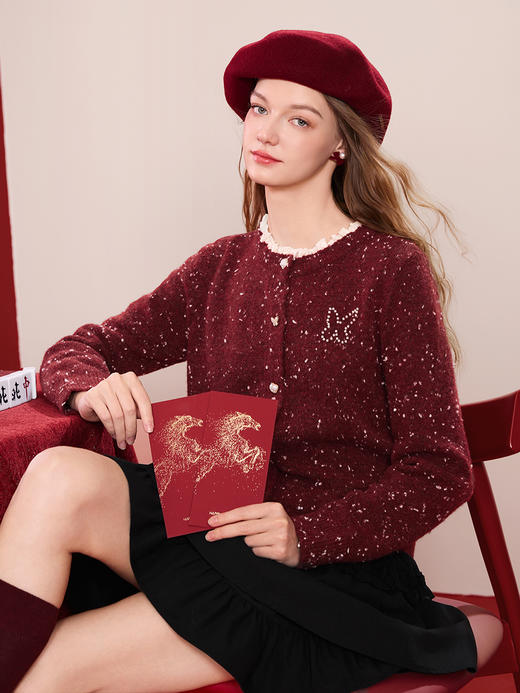 【百图lulu定制】【雪花毛衣】 新年氛围感毛衣  蕾丝边圆领针织衫 商品图0