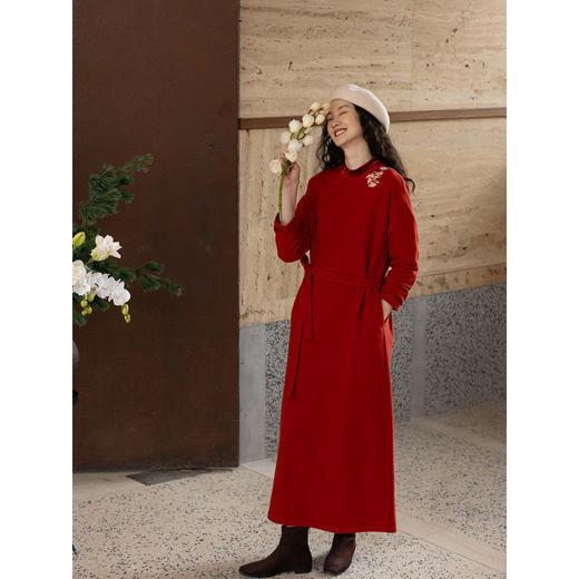 牧衣游原创 貔貅手工刺绣纯棉连衣裙宽松红色中式改良旗袍 涟一 商品图3