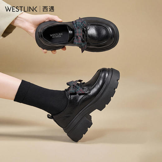 西遇JK小皮鞋女2026春季新款粗跟厚底乐福鞋小个子增高英伦风单鞋K0166228 商品图0
