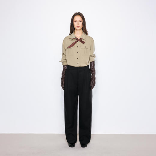 NUTH复古可拆卸格纹领结工装衬衫女 卡其色 商品图2