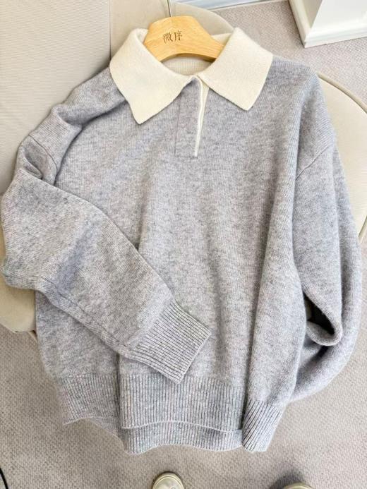 韩系简约撞色翻领羊绒衫 商品图0