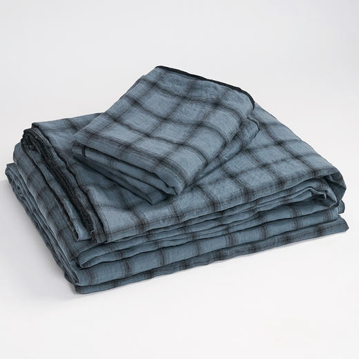 伽罗 JALO 14支复古黑蓝格纹色织亚麻系列床品 商品图4