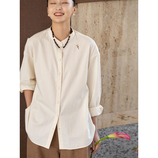 牧衣游原创 手工刺绣木棉纤维混纺衬衫新款文艺百搭衬衣 淡黄柳 商品图1