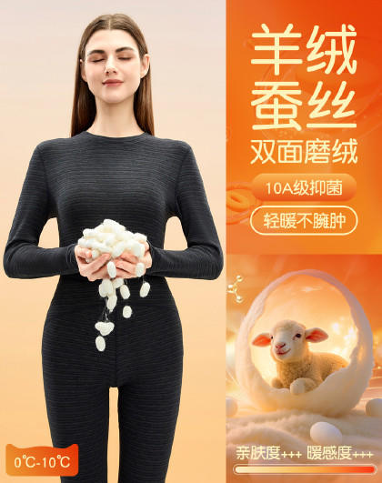 【M-XXL】【双面磨绒+羊毛蚕丝】【猫人】女士冬款保暖内衣套装 商品图2