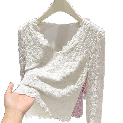 百媚生 V领蕾丝保暖内搭长袖T恤加绒加厚打底衫 商品图4