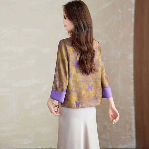 百媚生 新中式上衣唐装女装小衫宋锦盘扣薄款外套6076 商品图2