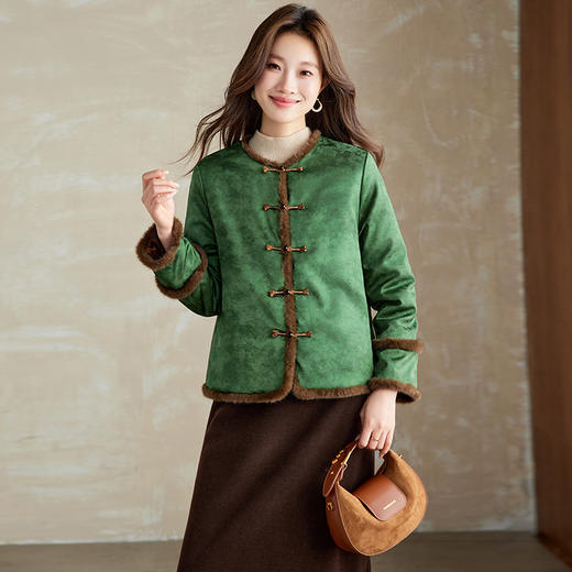 百媚生 提花夹棉拼接貂毛保暖加厚棉服国风时尚百搭小棉袄66095 商品图5