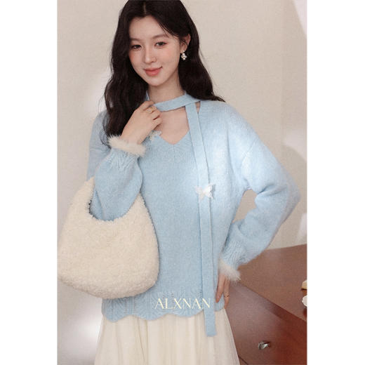 鹿向南「眷恋海风」慵懒风设计感蓝色毛衣女秋韩系飘带针织衫上衣 商品图3