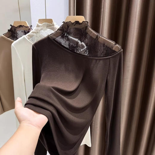 百媚生 蕾丝拼接百搭半高领打底衫女修身内搭 商品图3