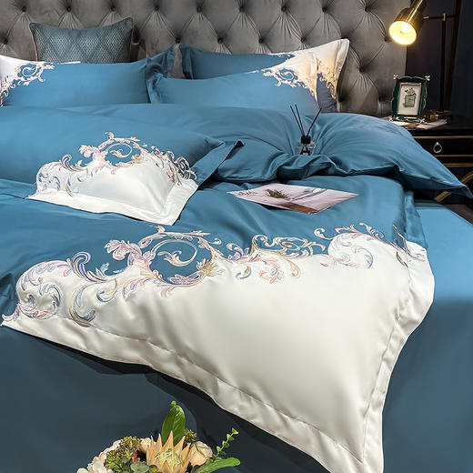 轻奢刺绣四件套【悠梦嘉居轻奢刺绣四件套双拼角交叉刺绣高档工艺100%高支高密全棉轻奢享受高档礼盒装，安娜-绿/粉/蓝】 商品图4