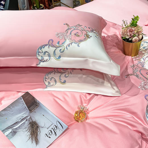 轻奢刺绣四件套【悠梦嘉居轻奢刺绣四件套双拼角交叉刺绣高档工艺100%高支高密全棉轻奢享受高档礼盒装，安娜-绿/粉/蓝】 商品图2