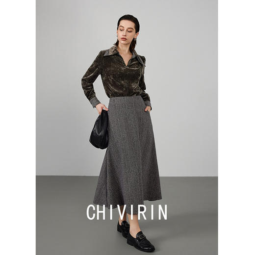 雀说复古金丝绒翻领长袖衬衣女早春新款气质通勤高级感显瘦衬衫ALW2577 商品图3