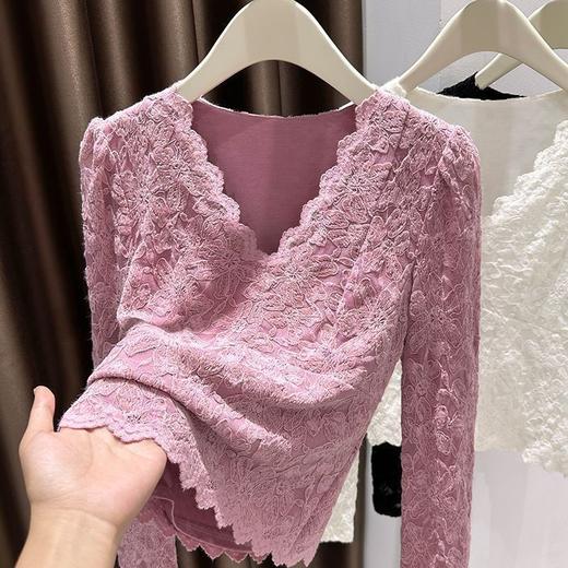 百媚生 V领蕾丝保暖内搭长袖T恤加绒加厚打底衫 商品图0