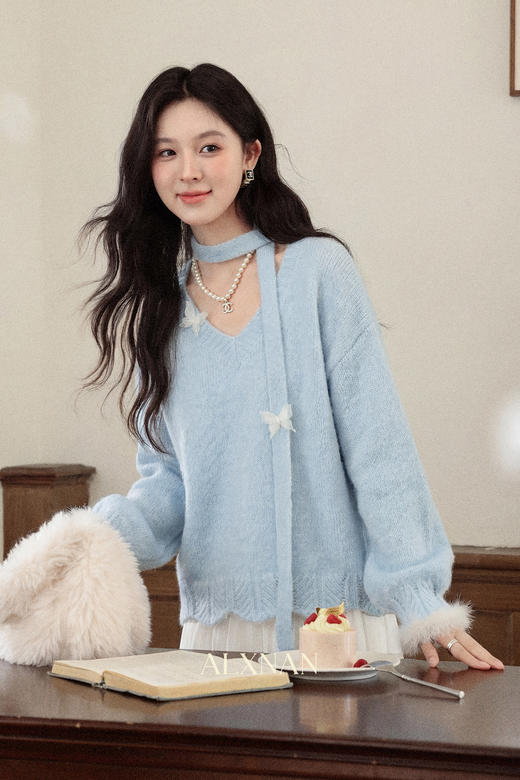 鹿向南「眷恋海风」慵懒风设计感蓝色毛衣女秋韩系飘带针织衫上衣 商品图5