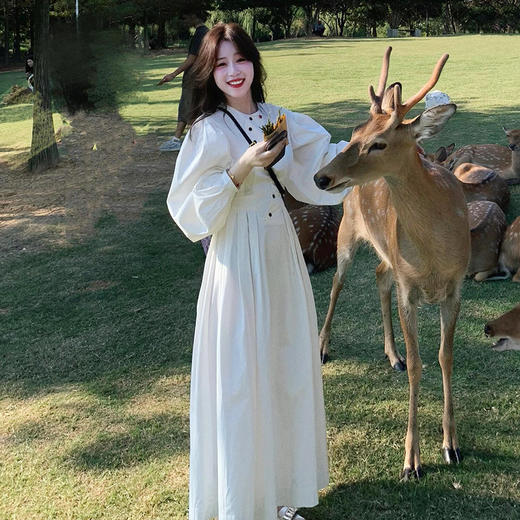 【法式茶歇长袖连衣裙】春季新款气质显瘦 白色A字裙收腰长裙子  商品图0