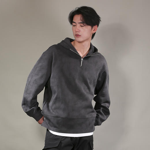 DRONKOO 2026 连帽半拉链下摆拼T恤笔触印花微阔中厚卫衣 商品图3