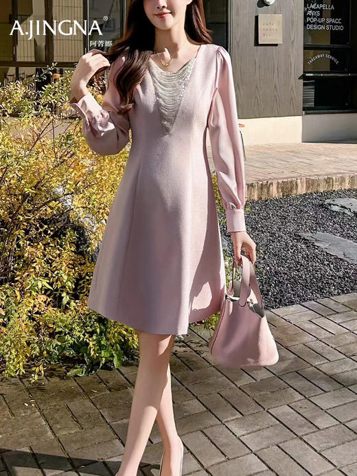 【浪漫轻奢】阿菁娜春季新款设计感钻链连衣裙V领修饰脸型拼接泡泡袖浪漫轻奢F31C212005 商品图1