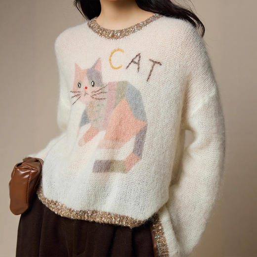 雀说【小花猫】印染马海毛毛衣针织衫女装韩系减龄羊毛上衣ALW08116 商品图0